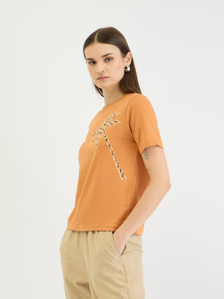 Elle Women Brown Solid Crew Neck Tshirt