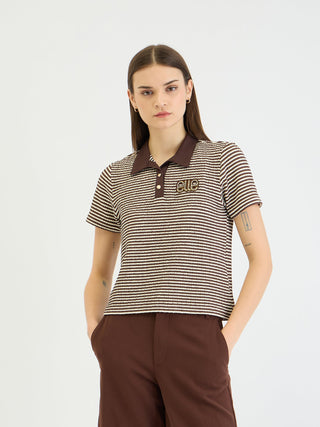 Elle Women Brown Striped Polo Tshirt