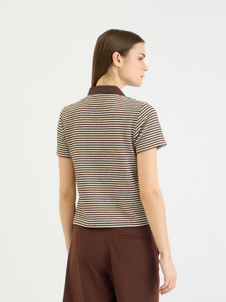 Elle Women Brown Striped Polo Tshirt
