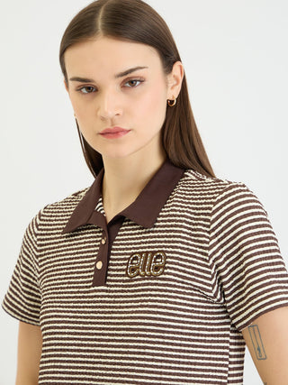 Elle Women Brown Striped Polo Tshirt