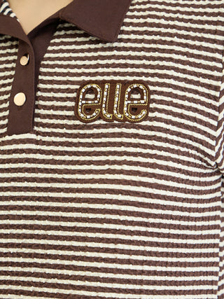 Elle Women Brown Striped Polo Tshirt