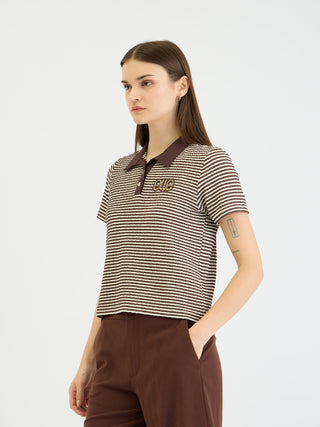 Elle Women Brown Striped Polo Tshirt