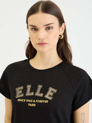 Elle Women Black Solid Crew Neck Tshirt