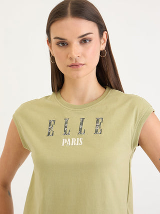 Elle Women Green Solid Crew Neck TShirt