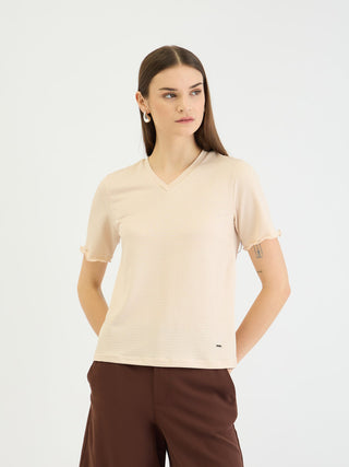 Elle Women Beige Textured Crew Neck Tshirt
