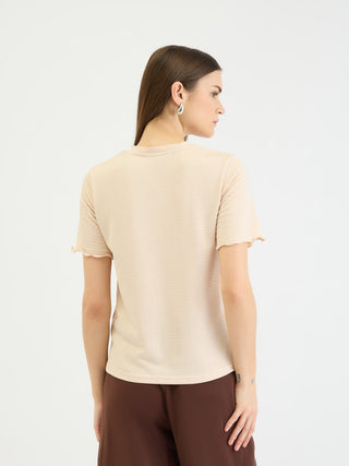 Elle Women Beige Textured Crew Neck Tshirt