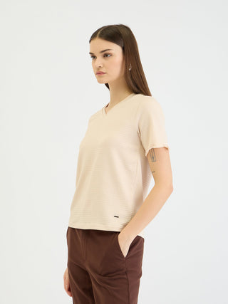 Elle Women Beige Textured Crew Neck Tshirt