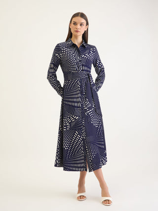 Elle Women Blue Aop Shirt Collar Dress
