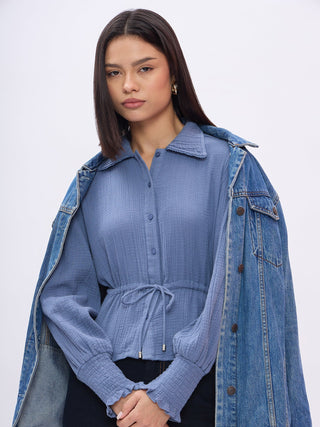 Elle Women Blue Solid Collar Shirt