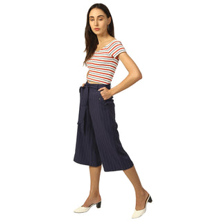 Elle Women Navy Blue Printed Flared Fit Trouser