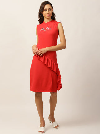 Elle Women Red Solid Round Neck Dress