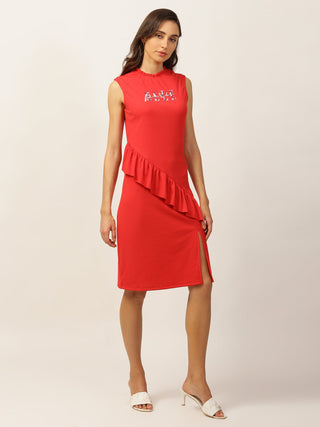 Elle Women Red Solid Round Neck Dress