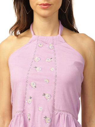 Elle Women Lilac Solid Round Neck TShirt