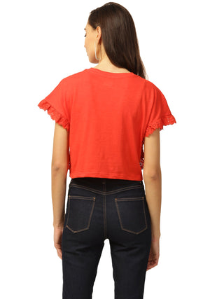 Elle Women Coral Solid Round Neck TShirt