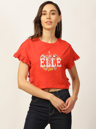 Elle Women Coral Solid Round Neck TShirt