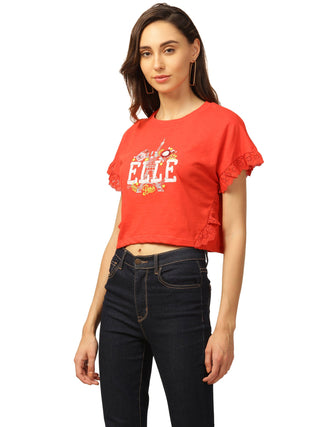 Elle Women Coral Solid Round Neck TShirt