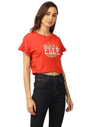 Elle Women Coral Solid Round Neck TShirt