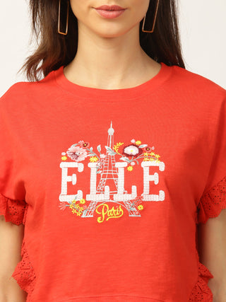Elle Women Coral Solid Round Neck TShirt