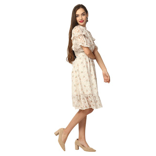 Elle Women Off White Printed Round Neck Dress