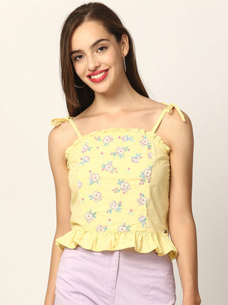 Elle Women Yellow Embroidered Round Neck Top