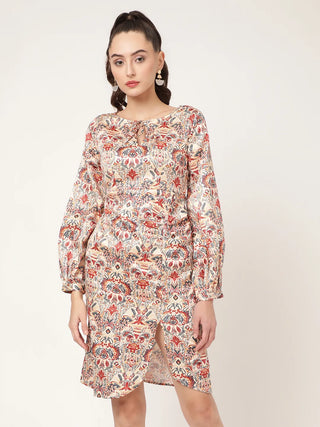 Elle Women Beige Printed Round Neck Dress
