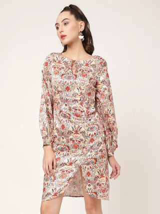 Elle Women Beige Printed Round Neck Dress