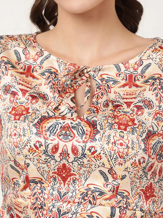 Elle Women Beige Printed Round Neck Dress